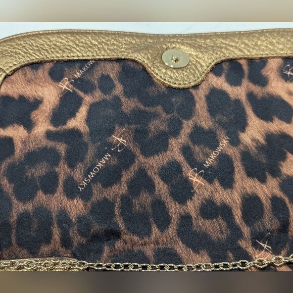 B Makowsky Gold buttery soft Leather Clutch Bag chain handle leopard lining New - Picture 8 of 13
